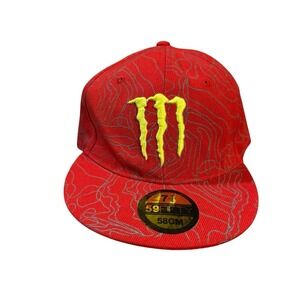 Monster Energy Fitted Hat Red Grey‎ Neon Green Logo Size 7 1/4 Racing Moto